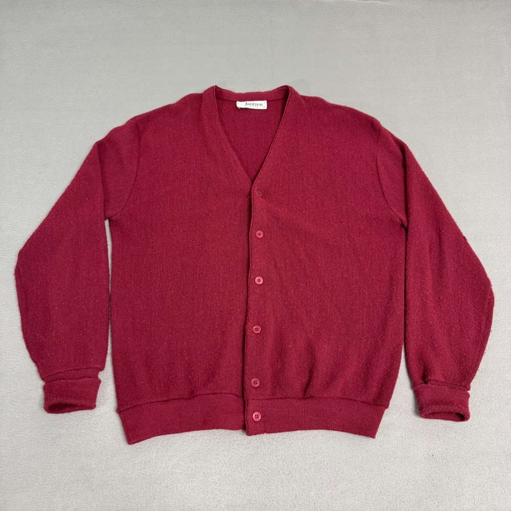 Jantzen Cardigan Sweater Mens L Burgundy Red Vintage Made in USA Preppy Knit